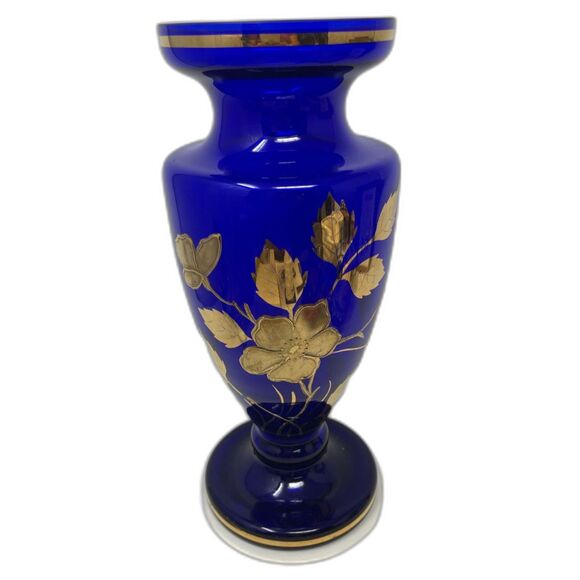 Vtg Murano Bohemian CZECH Cobalt Blue & Gold Gilded Flowers Rose Glass Vase 10.5